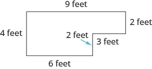 This is an image of a perimeter of a patio. There are six sides. The far left side is labeled 4 feet, the top side is labeled 9 feet, the right side is short and labeled 2 feet, then extends across to the left and is labeled 3 feet. From here, the side extends down and is labeled 2 feet. Finally, the base is labeled 6 feet.