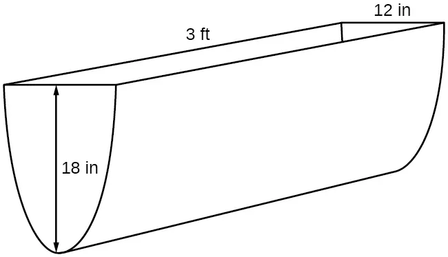 Diagrama de artesa parabólica de 18" de altura, 3' de longitud y 12" de anchura.