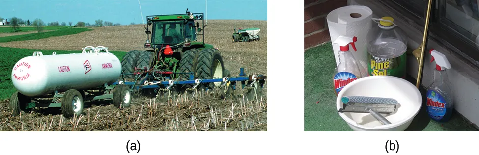 This photograph shows a large agricultural tractor in a field pulling a field sprayer and a large, white cylindrical tank which is labeled “Caution Ammonia.”