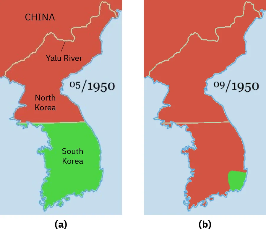 Two maps of Korea are shown. Both maps show the same region that includes a southeastern section of China, the Yalu River, North Korea, and South Korea. On both maps, the Yalu River is the border between China and Korea. Map (a) is labeled 05/1950 and shows Korea divided horizontally in half into North Korea (highlighted red) and South Korea (highlighted green). Map (b) is labeled 09/1950. The entire map is red except a small portion on the southeastern corner of the Korean peninsula, which is green.