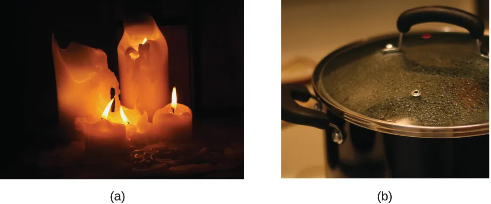 Figure A is a photograph of 5 brightly burning candles. The wax of the candles has melted. Figure B is a photograph of something being heated on a stove in a pot. Water droplets are forming on the underside of a glass cover that has been placed over the pot.
