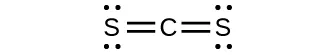 La estructura de Lewis muestra un átomo de carbono unido con enlace doble a dos átomos de azufre, cada uno de los cuales tiene dos pares solitarios de electrones.
