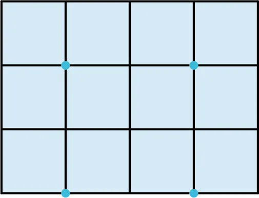 A rectangular grid is made up of three rows of four squares, each. Points are marked at the bottom-right vertices of the first, and third squares in the first row. Points are marked at the bottom-right vertices of the first and third squares in the third row.
