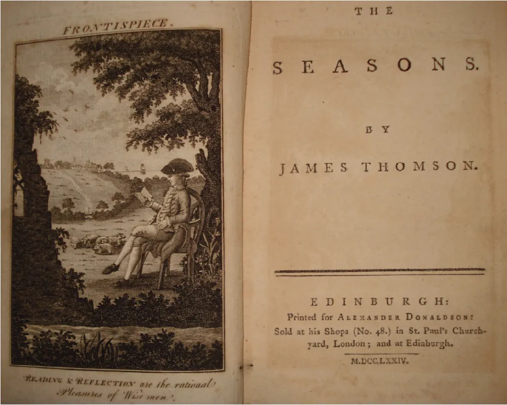 The title page of a book or pamphlet containing the poem The Seasons by James Thomson. The title and author appear on the right-hand page, and on the left there is a drawing of a well-dressed person reading under a tree in a field.