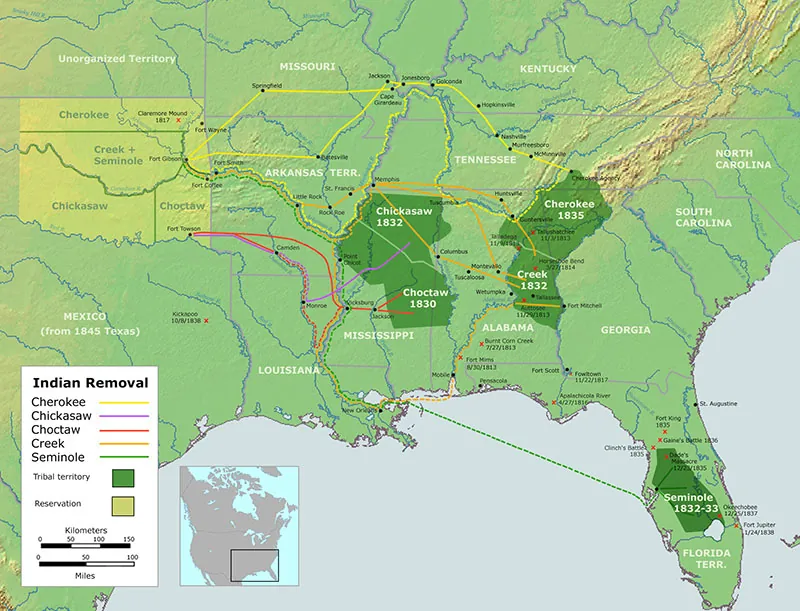 A map of the Southern United States shows the routes of the Trail of Tears (1836–1839), the U.S. government’s forced relocation of thousands of Native Americans from their lands to “Indian Territory” in what is now Oklahoma. Thousands died of starvation, exposure, or disease during the long and brutal 1,200-mile journey, much of it on foot.