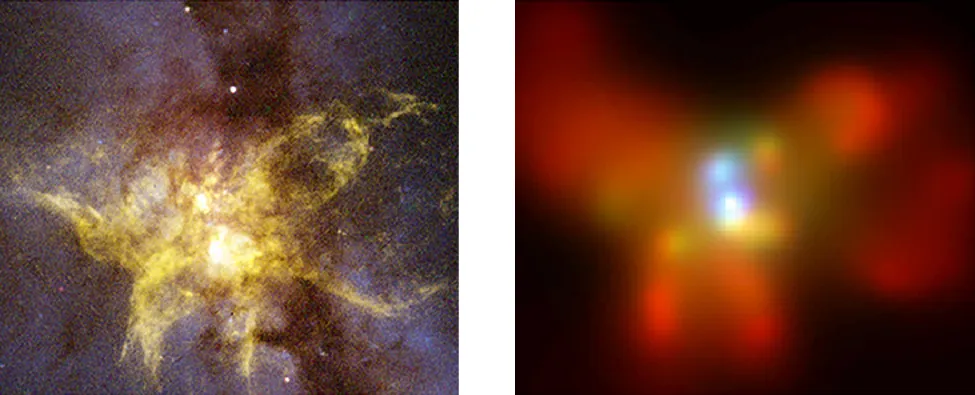 Colliding Galaxies with Two Black Holes. At left is a visible-light HST image of the central regions of NGC 6240, showing large areas of expanding, luminous gas. At right is a Chandra X-ray image of the same region, showing two bright X-ray sources (white dots at center).