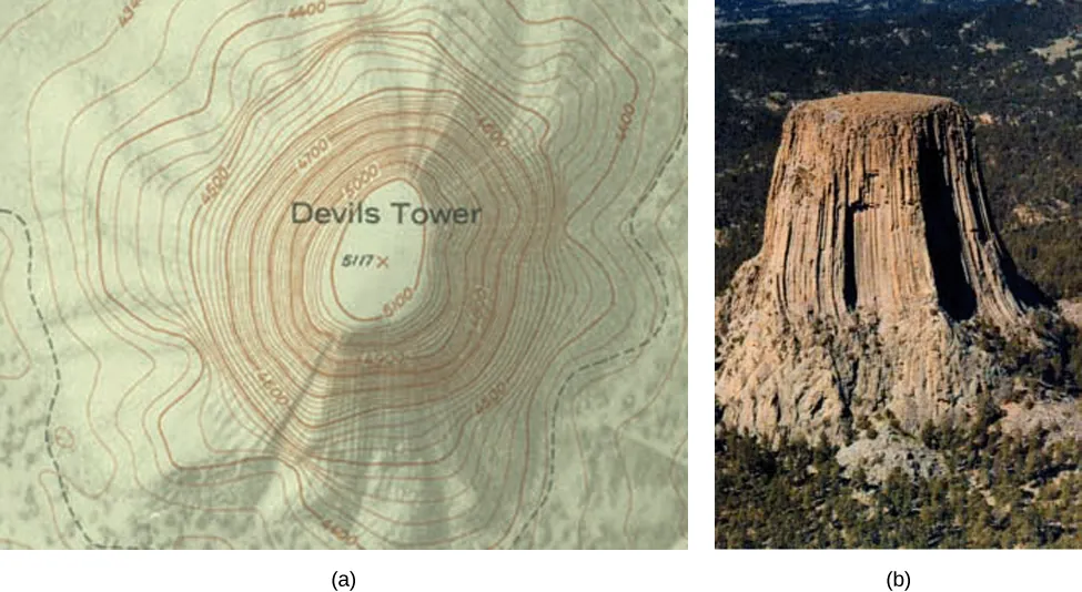 This figure consists of two figures marked a and b. Figure a shows a topographic map of Devil’s Tower, which has its lines very close together to indicate the very steep terrain. Figure b shows a picture of Devil’s Tower, which has very steep sides.