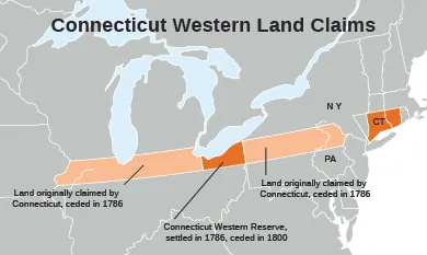 A map shows Connecticut’s western land claims. New York, Pennsylvania, and Connecticut are labeled. Portions of a narrow swath of land stretching east to west are labeled “Land originally claimed by Connecticut, ceded in 1786” and “Connecticut Western Reserve, settled in 1786, ceded in 1800.”