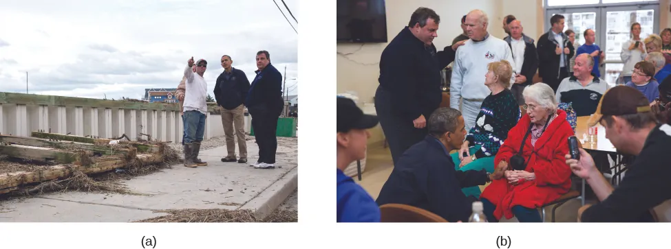 Image A is of Chris Christie and Barack Obama standing on a sidewalk with another person. Image B is of Chris Christie and Barack Obama in a room full of people.