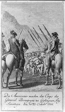 A 1784 German engraving shows British soldiers laying down their muskets before the American forces, who watch from horseback in the foreground.