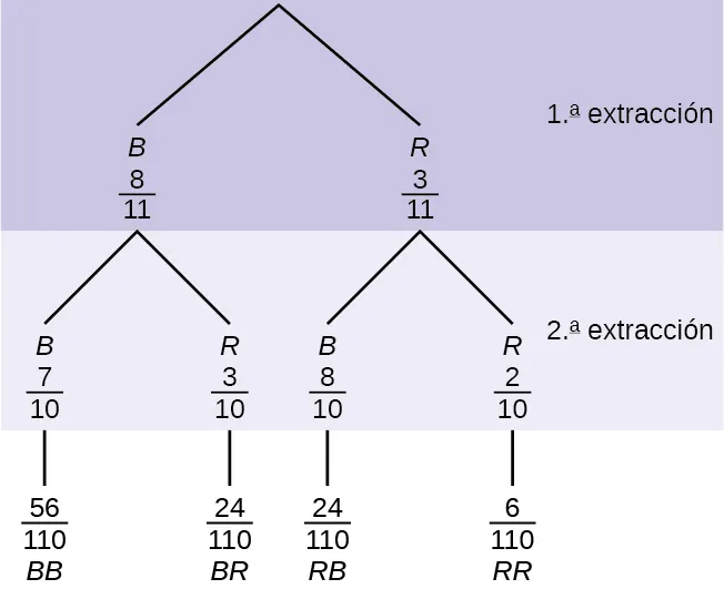 Se trata de un diagrama de árbol con ramas que muestran las probabilidades de cada extracción. La primera rama muestra 2 líneas: B 8/11 y R 3/11. La segunda rama tiene un conjunto de 2 líneas por cada línea de la primera rama. Por debajo de B 8/11 están B 7/10 y R 3/10. Por debajo de R 3/11 están B 8/10 y R 2/10. Multiplique a lo largo de cada línea para hallar BB 56/110, BR 24/110, RB 24/110 y RR 6/110.