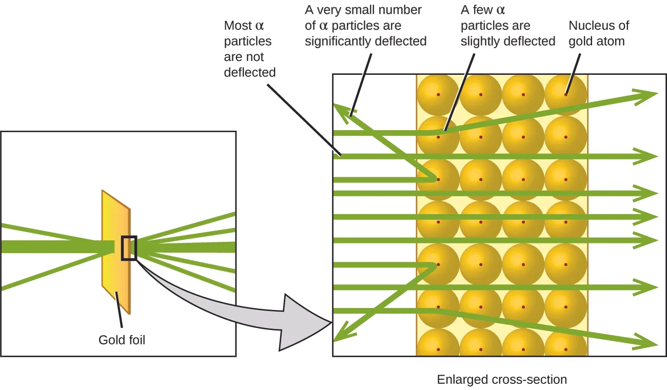 The left diagram shows a green beam of alpha particles hitting a rectangular piece of gold foil. Some of the alpha particles bounce backwards after hitting the foil. However, most of the particles travel through the foil, with some being deflected as they pass through the foil. A callout box shows a magnified cross section of the gold foil. Most of the alpha particles are not deflected, but pass straight through the foil because they travel between the gold atoms. A very small number of alpha particles are significantly deflected when they hit the nucleus of the gold atoms straight on. A few alpha particles are slightly deflected because they glanced off of the nucleus of a gold atom.