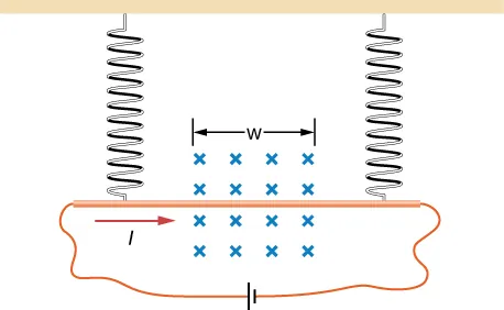 Una ilustración del problema. La varilla de cobre es horizontal y cuelga de unos resortes en ambos extremos. Una corriente I fluye hacia la derecha a través de la varilla. Un campo B apunta a la página en una región de ancho w.