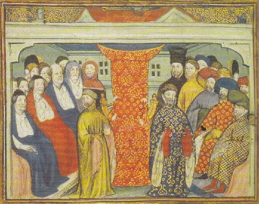 A photo of an illustration from a 12th century manuscript. The illustration shows Henry IV in the center right as he claims the throne of England. Henry IV is surrounded by a number of people on the left and right.