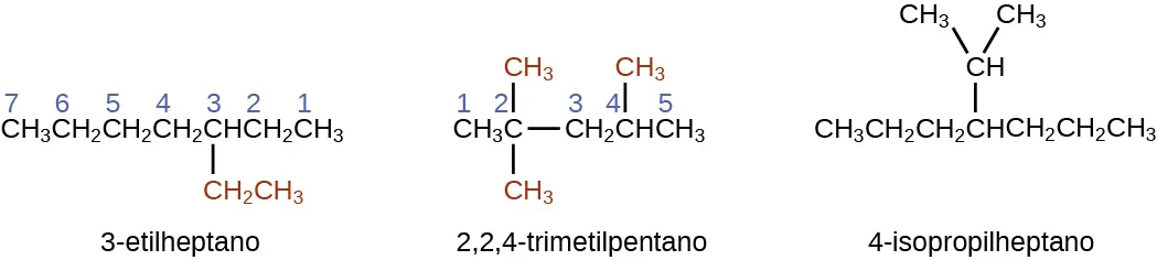 Esta figura muestra las estructuras del 3-etilheptano, del 2,2,4-trimetilpentano y del 4-isopropilheptano. La estructura del 3-etilheptano muestra C H subíndice 3 C H subíndice 2 C H subíndice 2 C H subíndice 2 C H C H subíndice 2 C H subíndice 3. Debajo del átomo de C, marcado como 3, hay un enlace a C H subíndice 2 C H subíndice 3 que aparece en rojo. Los átomos de C están marcados como 7, 6, 5, 4, 3, 2 y 1 de izquierda a derecha. La estructura del 2,2,4-trimetilpentano muestra el C H subíndice 3 C unido al C H subíndice 2 C H C H subíndice 3. Los átomos de C están marcados como 1, 2, 3, 4 y 5 de izquierda a derecha. El átomo de C, marcado como 2 tiene un subíndice 3 de C H enlazado por encima y por debajo. Los grupos C H subíndice 3 aparecen en rojo. El átomo de C marcado como 4 tiene un enlace por encima de él a C H subíndice 3. El grupo C H subíndice 3 aparece en rojo. La estructura del 4-isopropilheptano muestra C H subíndice 3 C H subíndice 2 C H subíndice 2 C H C H subíndice 2 C H subíndice 2 C H subíndice 3. A partir del cuarto C de izquierda a derecha, hay un grupo C H enlazado por encima. Los grupos C H subíndice 3 están enlazados hacia arriba y hacia la derecha y hacia la izquierda de este grupo C H.