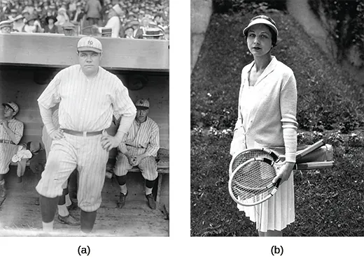 Photograph (a) shows Babe Ruth at Yankee Stadium. Photograph (b) shows Helen Wills posing with two tennis rackets.
