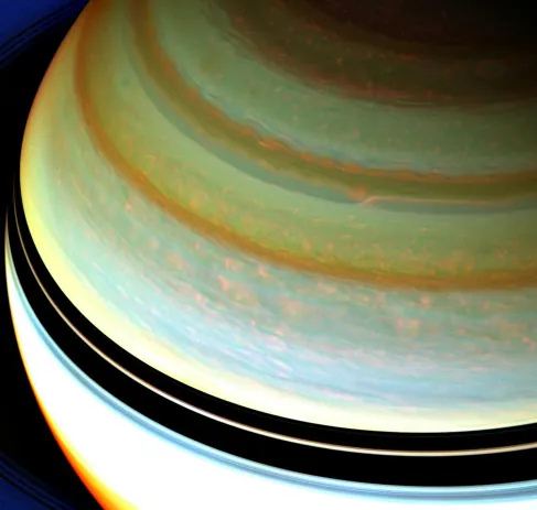 Cloud Bands on Saturn. In contrast to the cloud bands on Jupiter, Saturn’s clouds appear smoother and less turbulent. Saturn’s bands also have less color contrast between them, requiring image processing to fully reveal their structure.