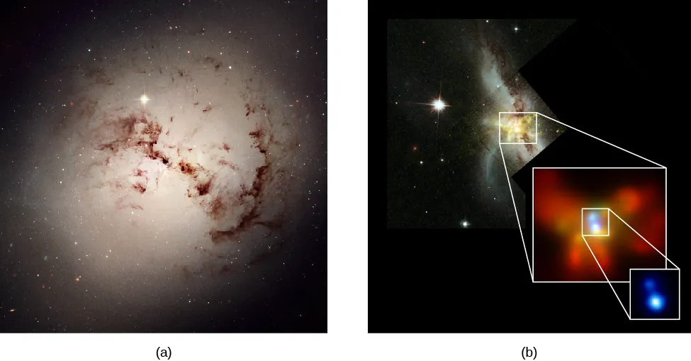 Galactic Cannibalism. Panel a, at left, shows the eerie silhouette of dark dust clouds against the glowing nucleus of the elliptical galaxy NGC 1316. Panel b, at right, shows the highly disturbed galaxy NGC 6240, imaged by HST (background image) and the Chandra X-ray Telescope (both insets). NGC 6240 is apparently the product of a merger between two gas-rich spiral galaxies. The X-ray images show that there is not one but two nuclei, both glowing brightly in X-rays.