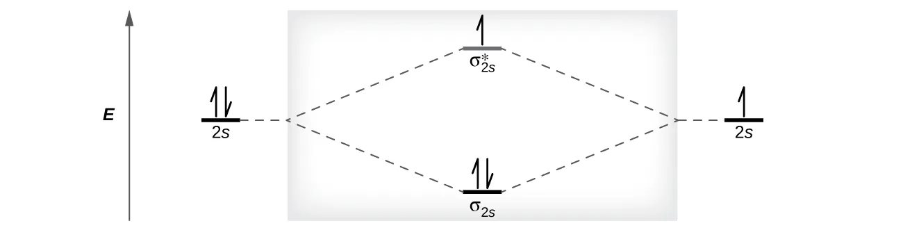 A diagram is shown that has an upward-facing vertical arrow running along the left side labeled, “E.” At the bottom center of the diagram is a horizontal line labeled, “sigma subscript 2 s,” that has two vertical half arrows drawn on it, one facing up and one facing down. This line is connected to the right and left by upward-facing, dotted lines to two more horizontal lines, each labeled, “2 s.” The line on the left has two vertical half arrows drawn on it, one facing up and one facing down while the line of the right has one half arrow facing up drawn on it. These two lines are connected by upward-facing dotted lines to another line in the center of the diagram, but further up from the first. It is labeled, “sigma subscript 2 s superscript asterisk.” This horizontal line has one upward-facing vertical half-arrow drawn on it. The left and right sides of the diagram have headers that read, ”Atomic orbitals,” while the center is header reads “Molecular orbitals”.