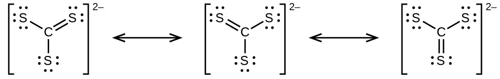 La figura muestra tres estructuras de Lewis, cada una rodeada de corchetes y con un signo negativo en superíndice 2. Se escriben con una flecha de doble punta entre cada diagrama. El primero de este trío tiene un átomo de carbono con un enlace simple a dos átomos de azufre, cada uno de los cuales tiene tres pares solitarios de electrones, y un doble enlace a un tercer átomo de azufre con dos pares solitarios de electrones. El segundo y tercer diagrama tienen los mismos átomos presentes, pero cada vez el doble enlace se mueve entre un par de carbono y azufre diferente. Los pares solitarios de electrones también se desplazan para corresponder con los cambios de enlace.