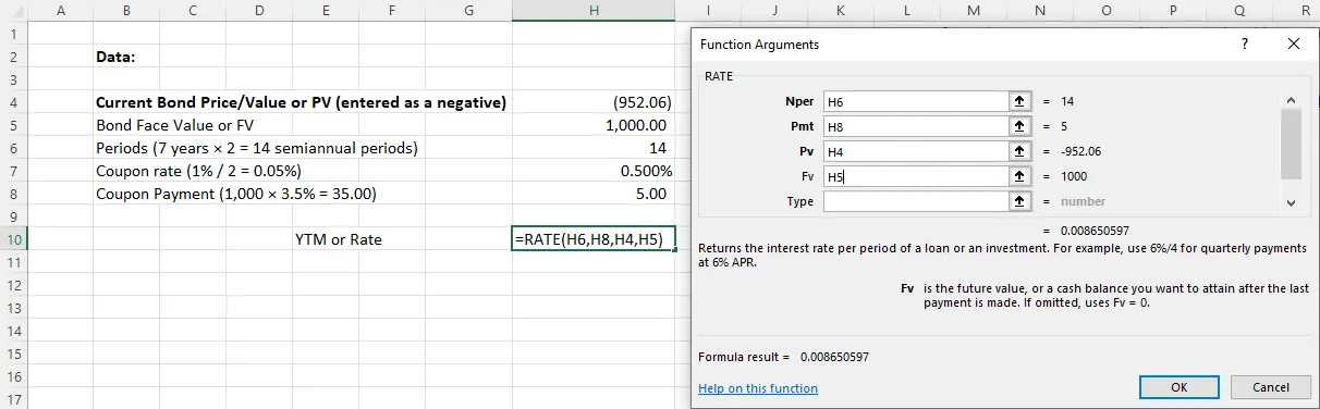 A screenshot of the Function arguments window, where parameters to calculate the rate value function are entered according to the data in the Excel sheet.