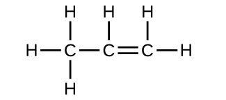 Se muestra una estructura de Lewis. Un átomo de carbono está unido con enlace simple a tres átomos de hidrógeno y a otro átomo de carbono. El segundo átomo de carbono está doblemente enlazado a otro átomo de carbono y tiene un enlace simple a un átomo de hidrógeno. El último carbono está unido con un enlace a dos átomos de hidrógeno.