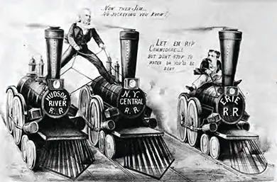 A Currier & Ives lithograph shows a cartoon of Cornelius Vanderbilt straddling two train engines labeled Hudson River R.R. and N.Y. Central R.R. while trying to convince a man on a train engine labeled Erie R.R. to join his company.