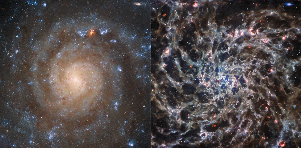 A nice example of a spiral galaxy, showing how the colors of the galaxy change from the yellowish light of old stars in the center to the blue color of hot, young stars and the reddish glow of hydrogen clouds in the spiral arms. The panel at right shows the galaxy in infrared light. In this wavelength range, the dust is transparent and the galaxy’s spiral structure is shown in far greater complexity.