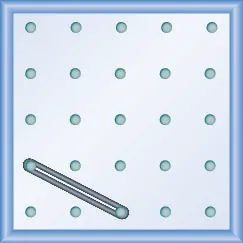 The figure shows a grid of evenly spaced pegs. There are 5 columns and 5 rows of pegs. A rubber band is stretched between the peg in column 1, row 4 and the peg in column 3, row 5, forming a line.