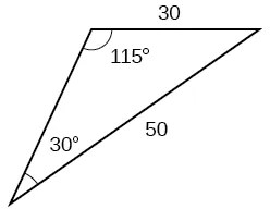 A triangle. One angle is 115 degrees with opposite side = 50. Another angle is 30 degrees with opposite side = 30.