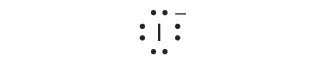 A Lewis dot diagram shows the symbol for iodine, I, surrounded by eight dots and a superscripted negative sign.