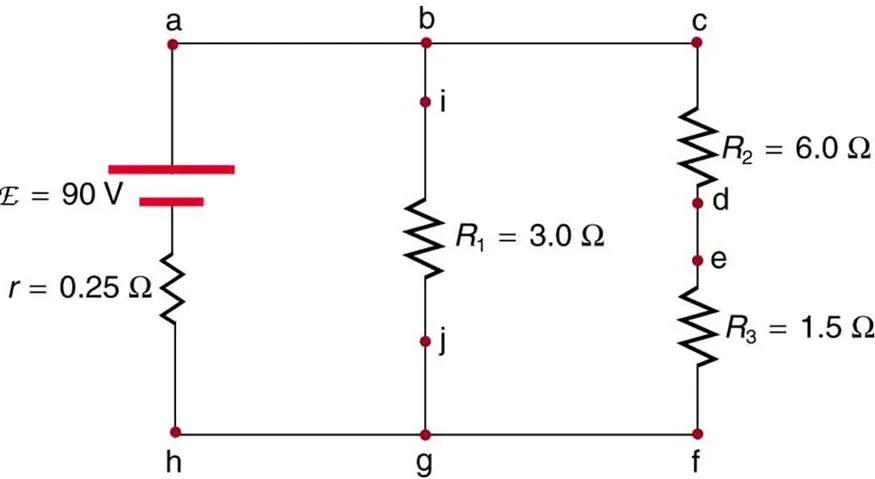 This figure shows a circuit having a cell of e m f script E and internal resistance r connected in parallel to two arms, one arm containing resistor R sub one and a second arm containing a series of resistors R sub two and R sub three.