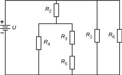 Rysunek przedstawia obwód z dodatnim zaciskiem źródła napięcia V połączonym do trzech równoległych odgałęzień. Pierwsze ma opornik R ze znakiem 2 połączony równolegle z odgałęzieniami R ze znakiem 4 i R ze znakiem 3 szeregowo z R ze znakiem 5. Drugie odgałęzienie ma opornik R ze znakiem 1 a trzecie odgałęzienie ma opornik R ze znakiem 6. 