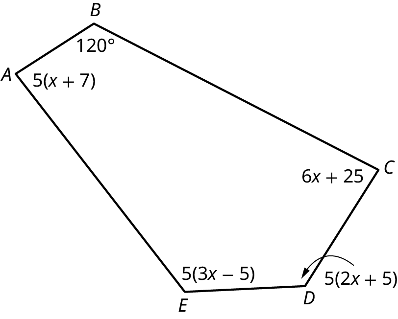 A polygon, A B C D E. The angles A, B, C, D, and E measure 5 (x plus 7) degrees, 120 degrees, 6 x plus 25 degrees, 5 (2 x plus 5) degrees, and 5 (3 x minus 5) degrees.