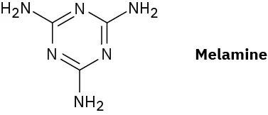 The structure of melamine. It is a six-membered ring with alternating C and N, and alternating single and double bonds. Each C has an N H 2 substituent.