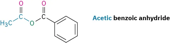 The structure of acetic benzoic anhydride which comprises of two carbonyl groups linked by an oxygen atom. A methyl group is attached to one of the carbonyls and a benzene ring to the other.