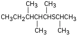 A sulfur with an isopropyl on the right, and a five-carbon chain on the left with methyl groups on (from left) third, fourth, and fifth carbons.