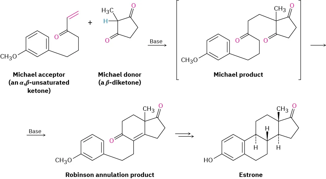 The Michael addition of alpha-beta unsaturated ketone (acceptor) with beta-diketone (donor) in base gives intermediate (Michael product). Subsequent reactions give Robinson annulation product, which undergoes multiple reactions to form estrone.
