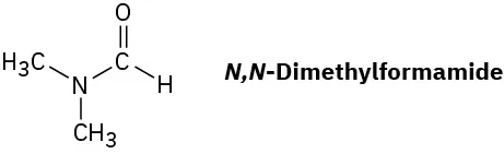 The structure of N,N-dimethylformamide, an aldehyde group linked to a nitrogen atom to two methyl groups.