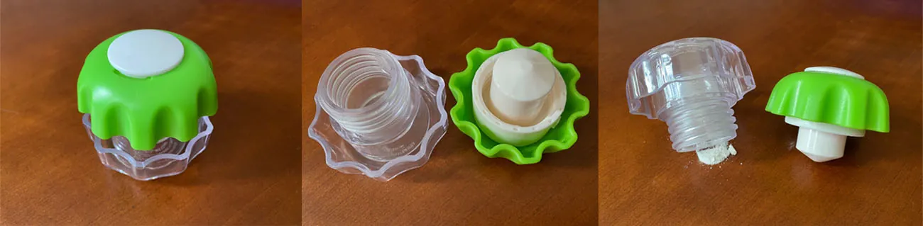 Three images: Pill crusher with lid on, pill crusher with bottom and top separated, and pill crusher opened with crushed medications spilling out on table.