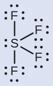 A Lewis diagram depicts a sulfur atom with one lone pair of electrons single bonded to four fluorine atoms, each with three lone pairs of electrons.