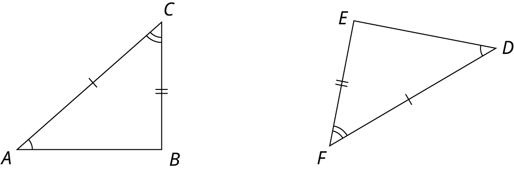 Two triangles, A B C and D E F. Angles A is congruent to angle D. Angle C is congruent to angle F. The side, A C is congruent to the side, D F. The side, B C is congruent to the side, E F.