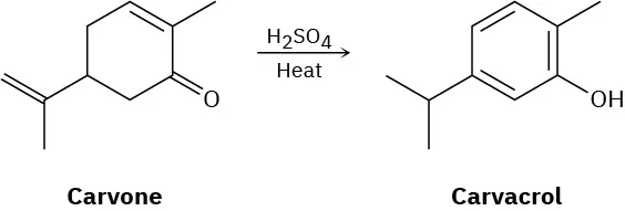 When heated, carvone reacts with aqueous sulfuric acid to yield carvacrol.