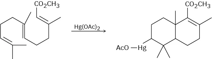 A reaction shows C15 sesquiterpene reacting with mercury (II) acetate to form a substituted decalin ring.