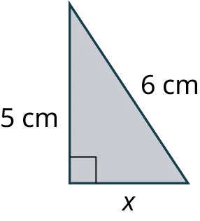 A right triangle. The legs are marked 5 centimeters and x. The hypotenuse is marked 6 centimeters.