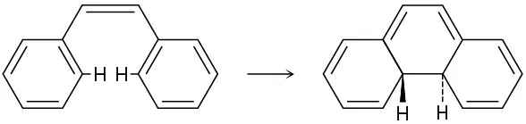 Three six-membered rings fused together undergo an electrocyclic reaction to form three fused six-membered rings with wedged and dashed hydrogen atoms at the middle ring.