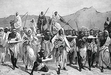 An illustration shows traders transporting a group of enslaved people, who are connected at the neck and bound at the wrists.