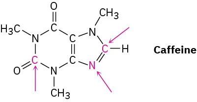 The line-bond structure of caffeine featuring three arrows and red text highlighting C2, C8, and N9 atoms.