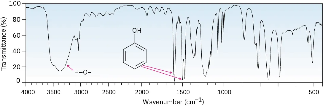 I R spectrum of phenol. Sharp peaks around 1500 and 1600 are associated with benzene ring, broad peak around 3400 wavenumbers labeled O H.