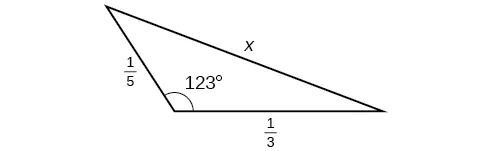 Un triángulo. Un ángulo es de 123 grados con el lado opuesto = x. Los otros dos lados son 1/5 y 1/3.